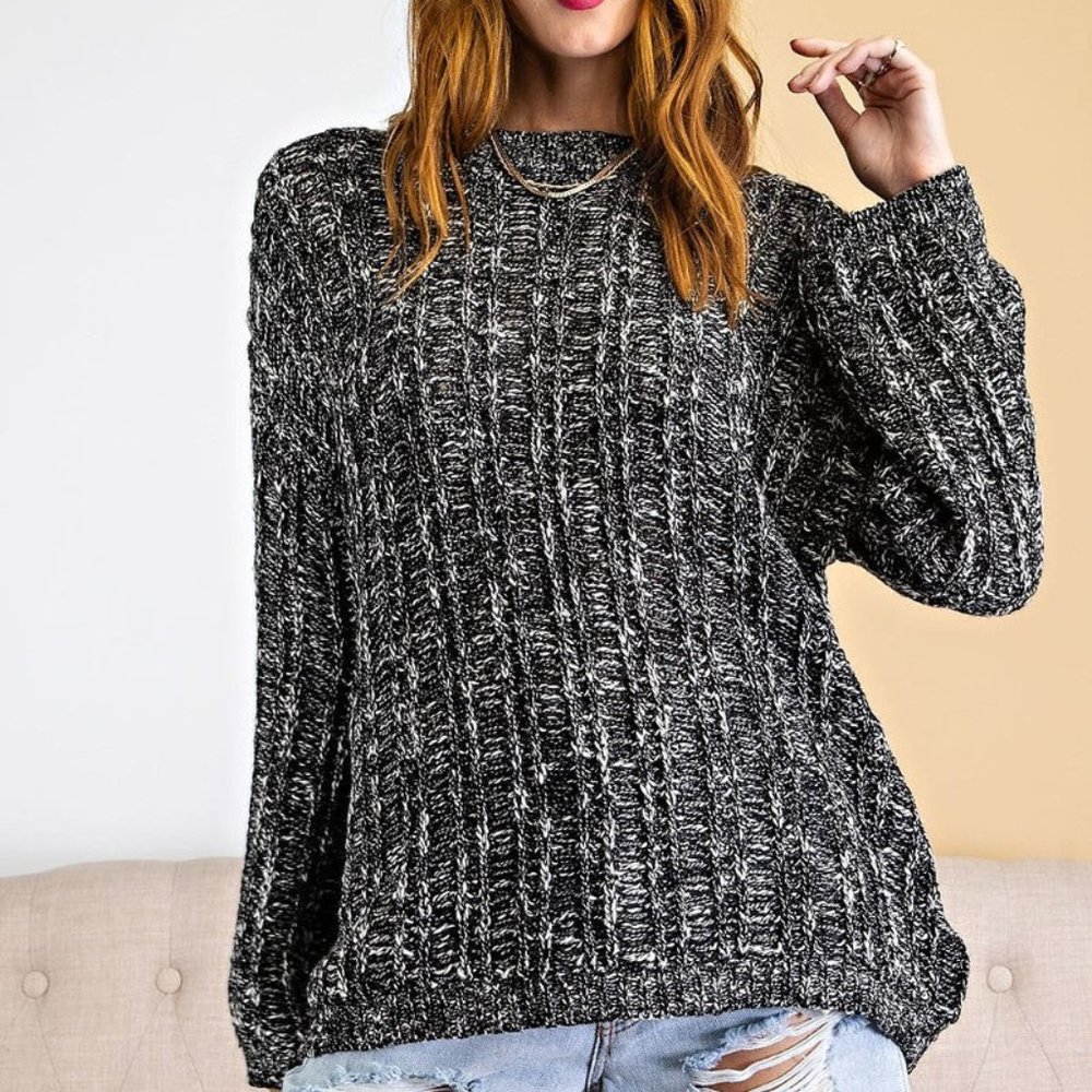 Women's Ribbed Neckline Drop Shoulder Two Tone Textured Knitted Sweater NWT